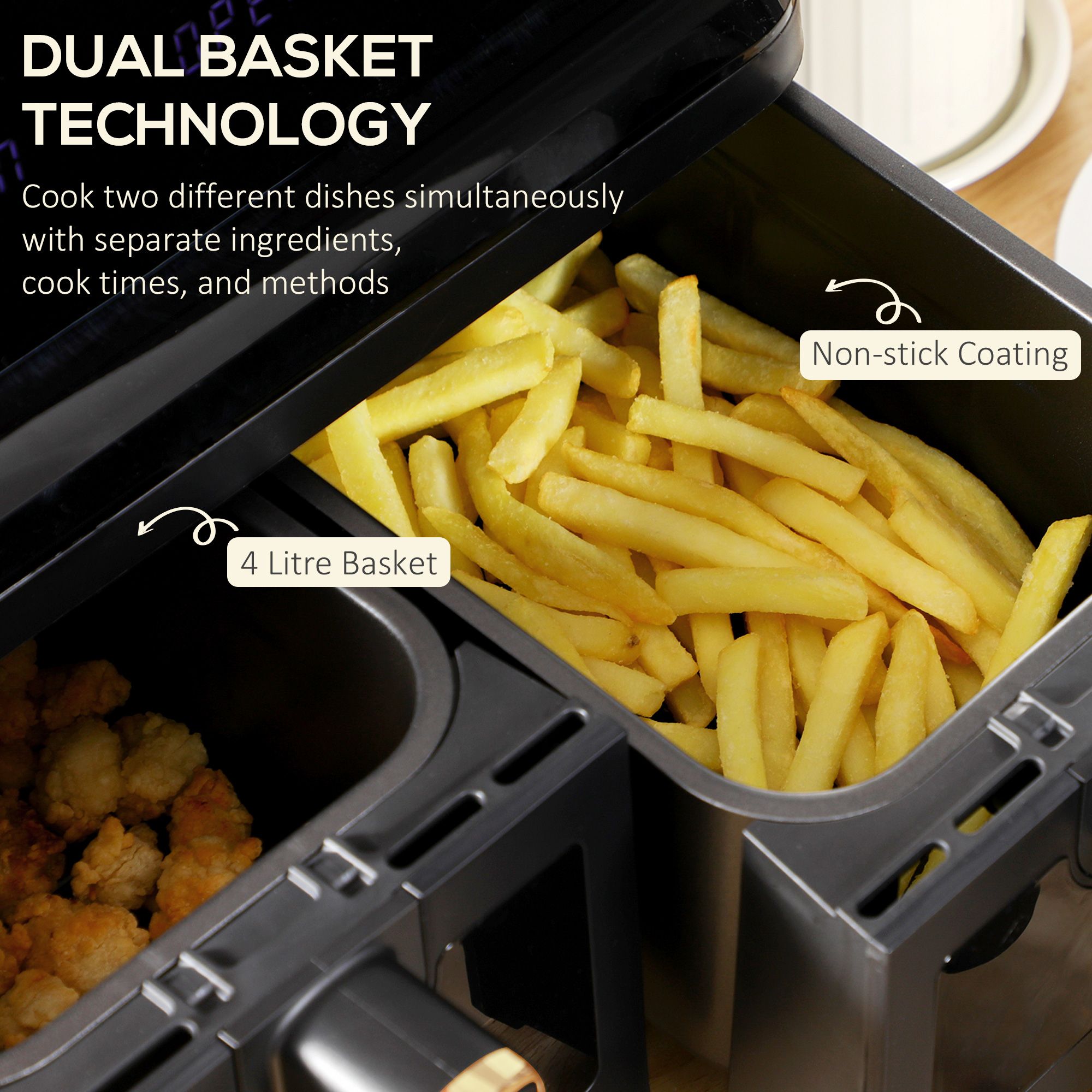 Homcom Dual Basket Air Fryer, 8l Family Size Double Air Fryer Oven With 8 Presets, Digital Display, Visual Window, Inner Light, Recipe, Timer, Preheat