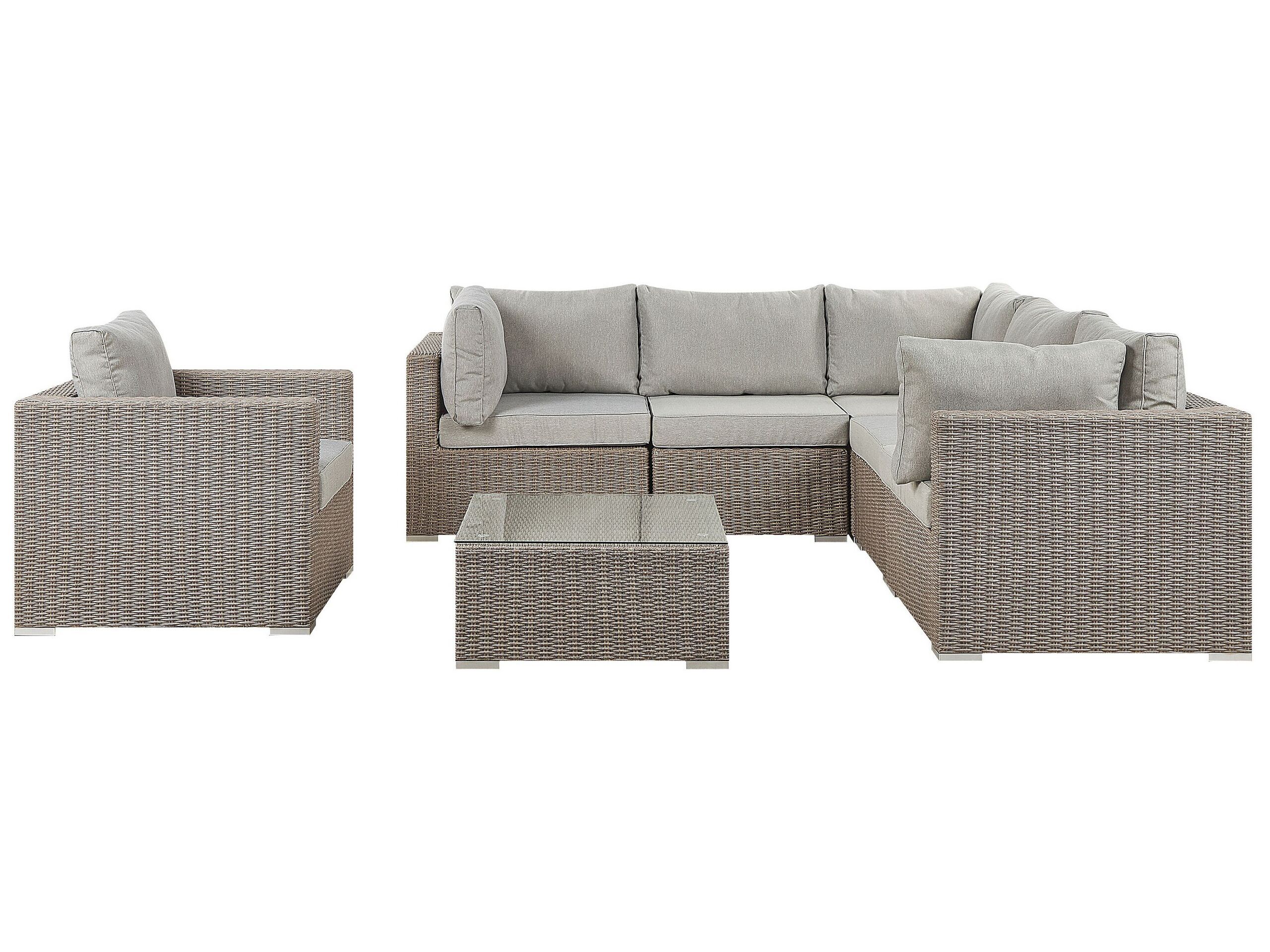 Garden Lounge Set Taupe Pe Rattan Corner Sofa Armchair Coffee Table Grey Cushions Beliani