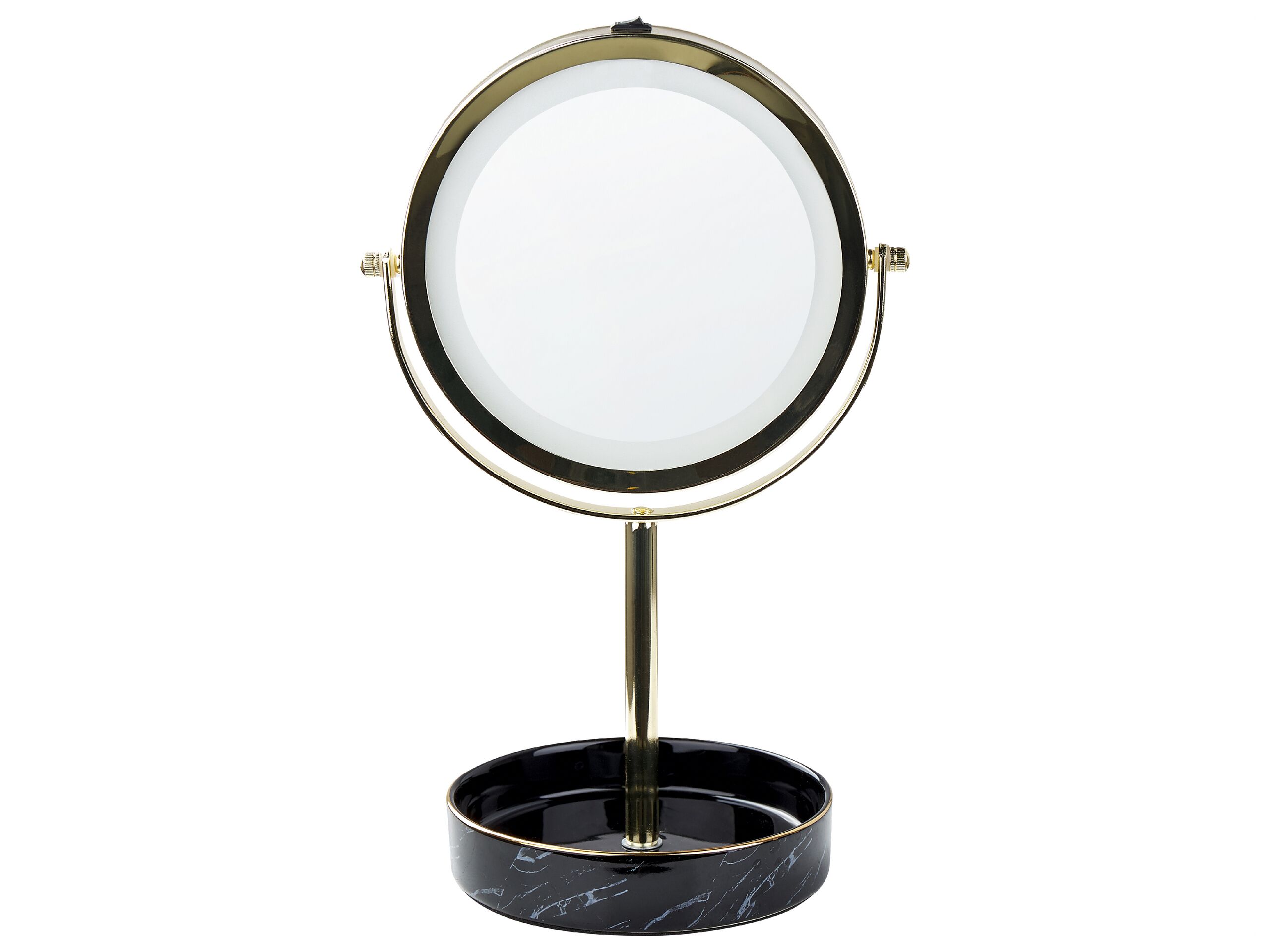 Makeup Mirror Gold And Black Iron Metal Frame Ceramic Base Ø 26 Cm With Led Light 1x/5x Magnification Double Sided