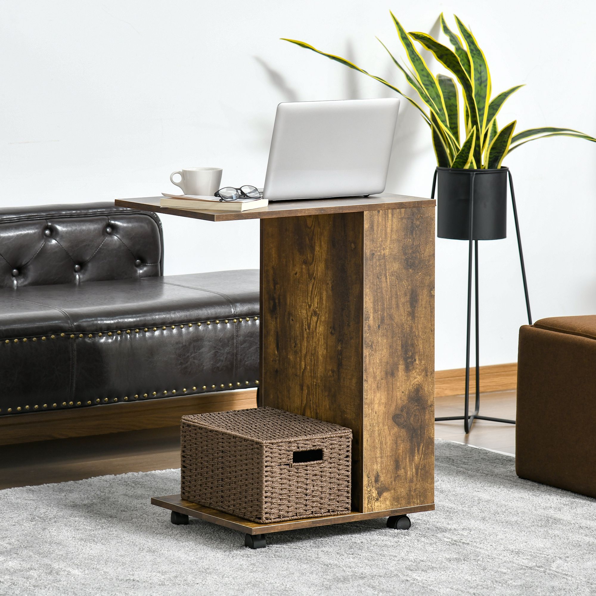 Homcom Mobile Sofa Side Table C-Shape End Table With Storage And Casters For Laptop Coffee Snack, Rustic Brown