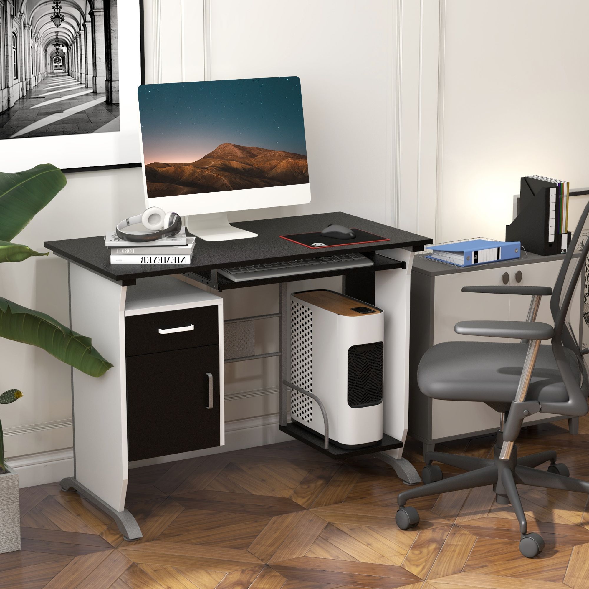 Homcom Computer Desk With Sliding Keyboard Tray Storage Drawers And Host Box Shelf Home Office Workstation (Black)