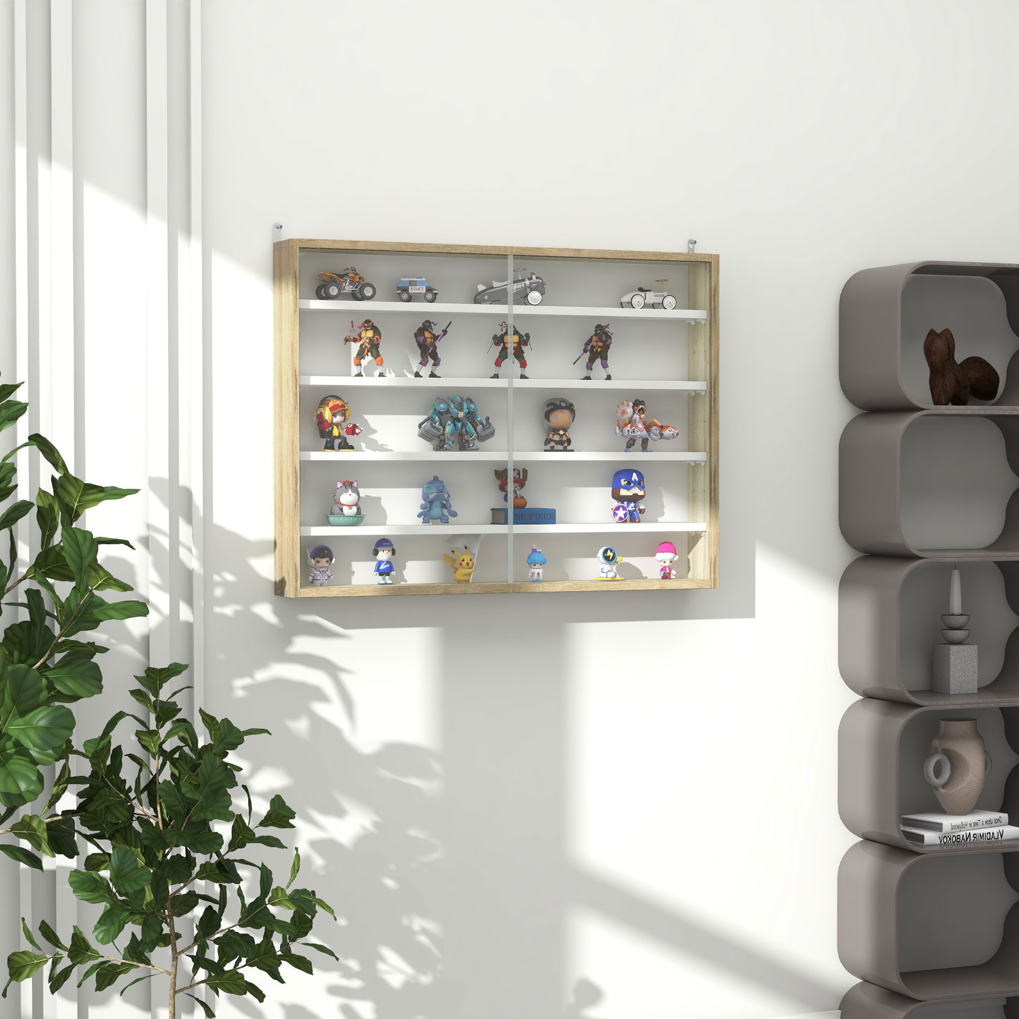 Homcom 5-Tier Wall Display Shelf Unit Cabinet W/ 4 Adjustable Shelves Glass Doors Home Office Ornaments 60X80cm Natural
