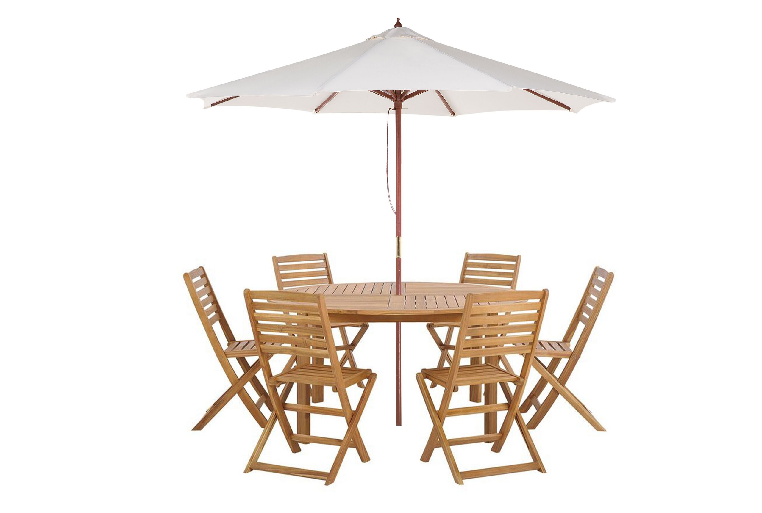 7 Piece Garden Dining Set Light Acacia Wood Round Table And 6 Folding Slatted Chairs Parasol (12 Options) Beliani