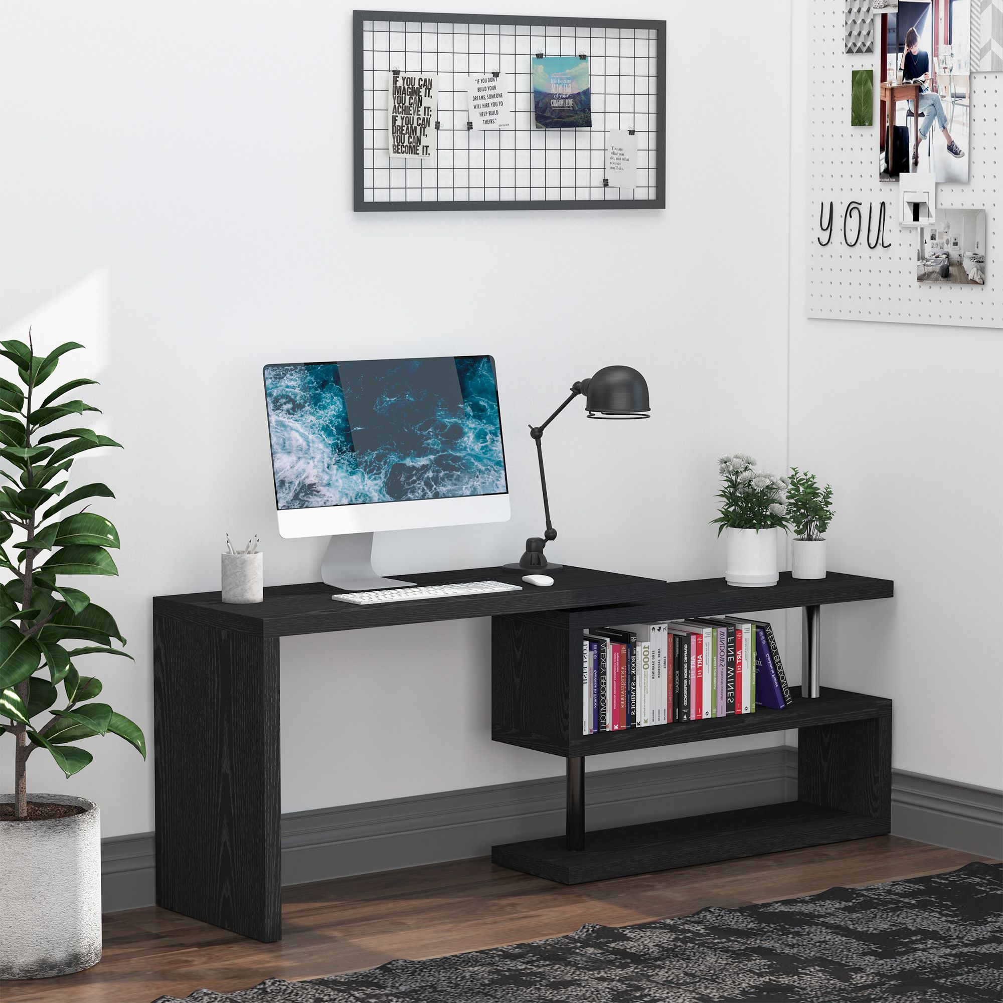 Homcom 360° Rotating L-Shaped Corner Computer Desk Home Office Writing Table Swivel Workstation With Storage Shelf, Black