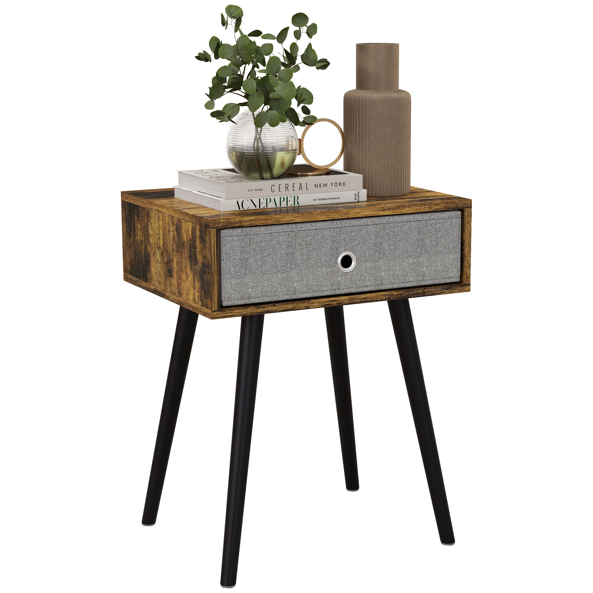 Homcom Side Table, Nightstand, End Table With Removable Fabric Drawer, Retro Style Accent Furniture With Wooden Legs, Rustic Brown And Black