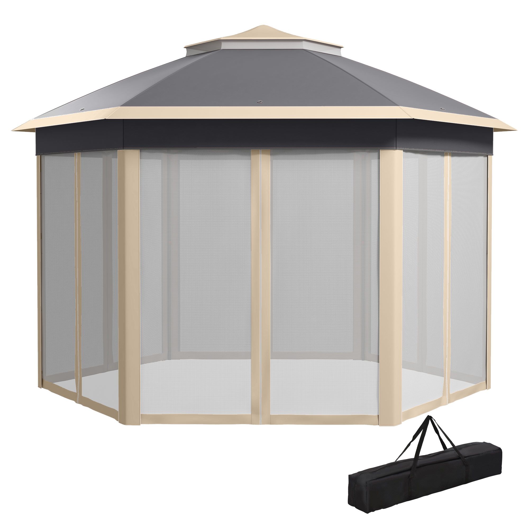 Outsunny Hexagon Pop Up Gazebo Outdoor Patio Gazebo Double Roof Instant Shelter With Netting, 3 X 4m, Khaki