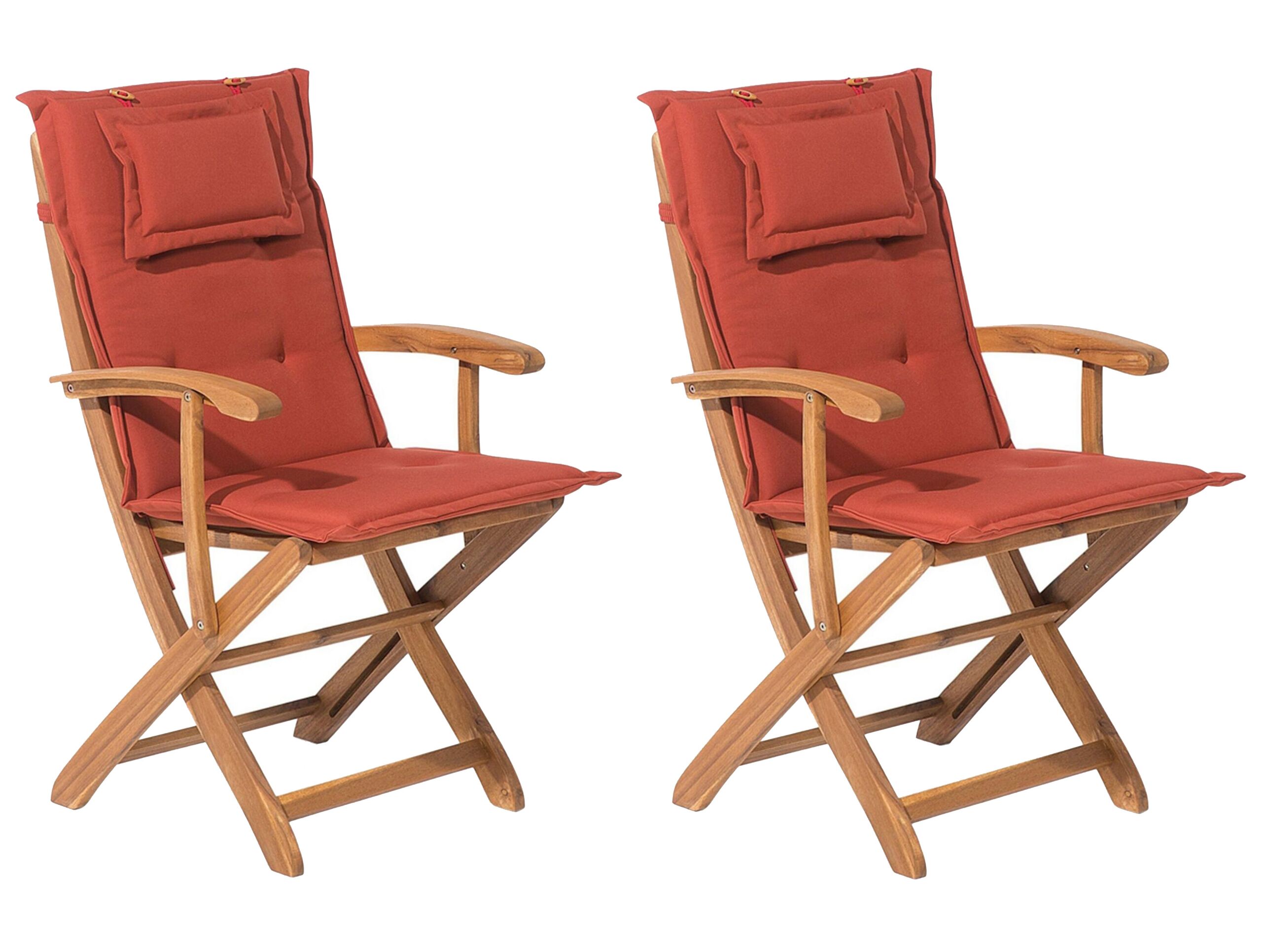 Set Of 2 Garden Dining Chairs Light Wood With Red Cushion Acacia Wood Frame Folding Rustic Design Beliani