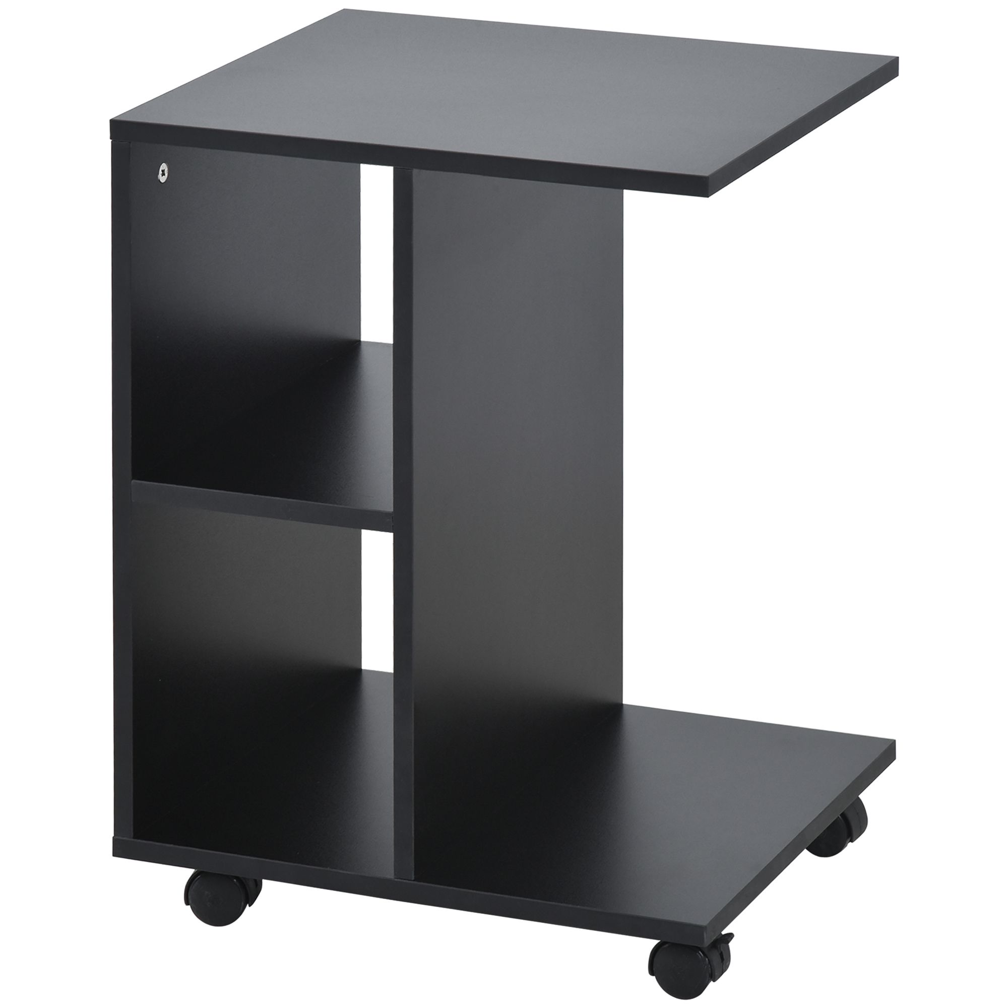 Homcom C-Shape End Table Unique Storage Unit W/ 2 Shelves 4 Wheels Freestanding Home Office Furniture Cabinet Square Studio Black
