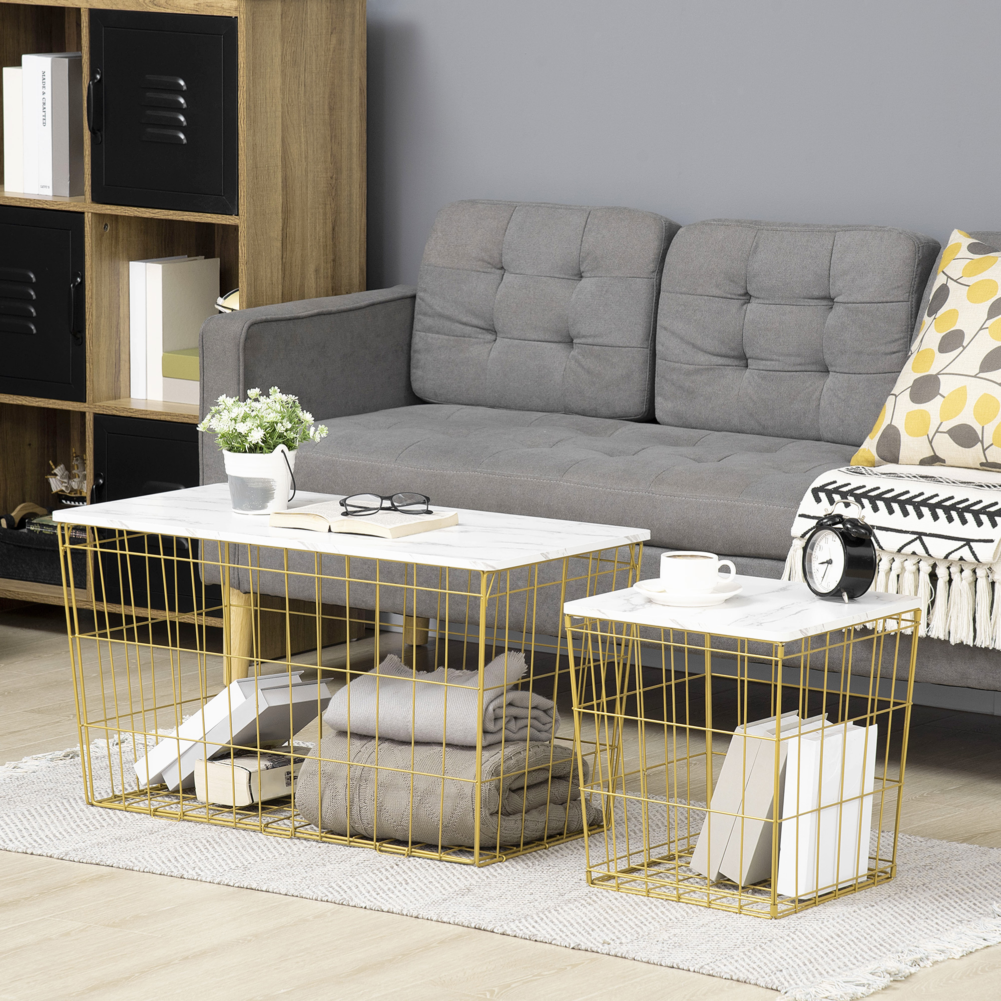 Homcom Side Table Set Of 2 With Wire Storage Basket, End Tables Coffee Tables With Faux Marble Top For Living Room Bedroom, White And Gold