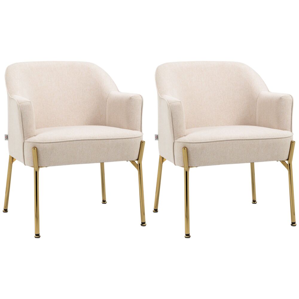 Homcom Accent Chair, Living Room Armchair, Vanity Chair With Gold Plating Metal Legs And Soft Padded Seat For Bedroom And Café, Set Of 2, White