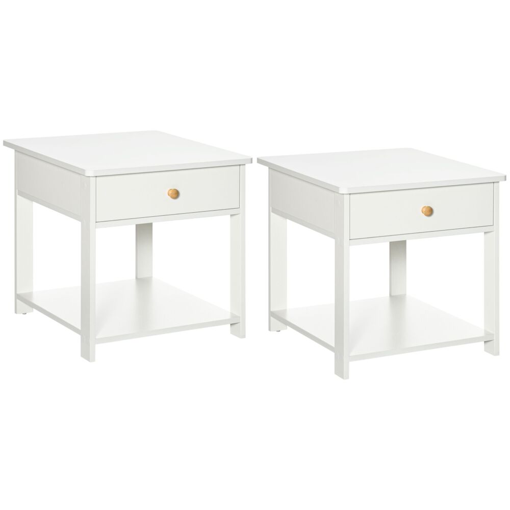 Homcom Bedside Table With Drawer And Bottom Shelf, Square Side End Table For Bedroom, Living Room, White, Set Of 2