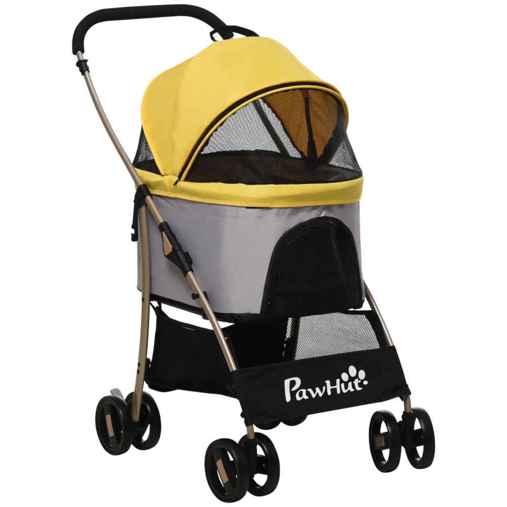 Pawhut Detachable Dog Pushchair, 3-in-1 Dog Cat Travel Carriage, Foldable Carrying Bag With Universal Wheel Brake Canopy Basket Storage Bag, Yellow