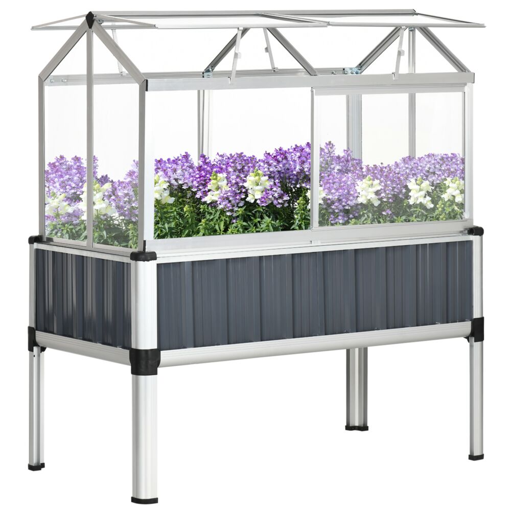 Outsunny Galvanised Steel Raised Beds For Garden With Greenhouse, Raised Planters With Cover And Openable Windows