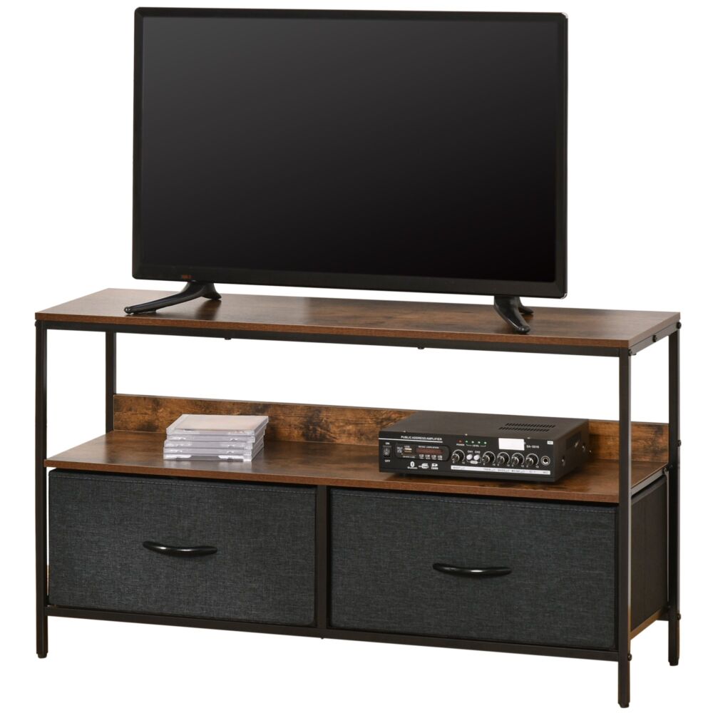Homcom Tv Cabinet With 2 Foldable Linen Drawers, Tv Stand With Shelving For Living Room, Entertainment Room, Tv Table Unit, Rustic Brown