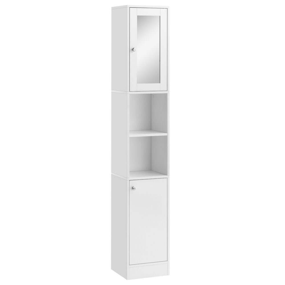 Homcom Tall Bathroom Storage Cabinet With Mirror, Freestanding Floor Cabinet Tallboy Unit With Adjustable Shelves, White