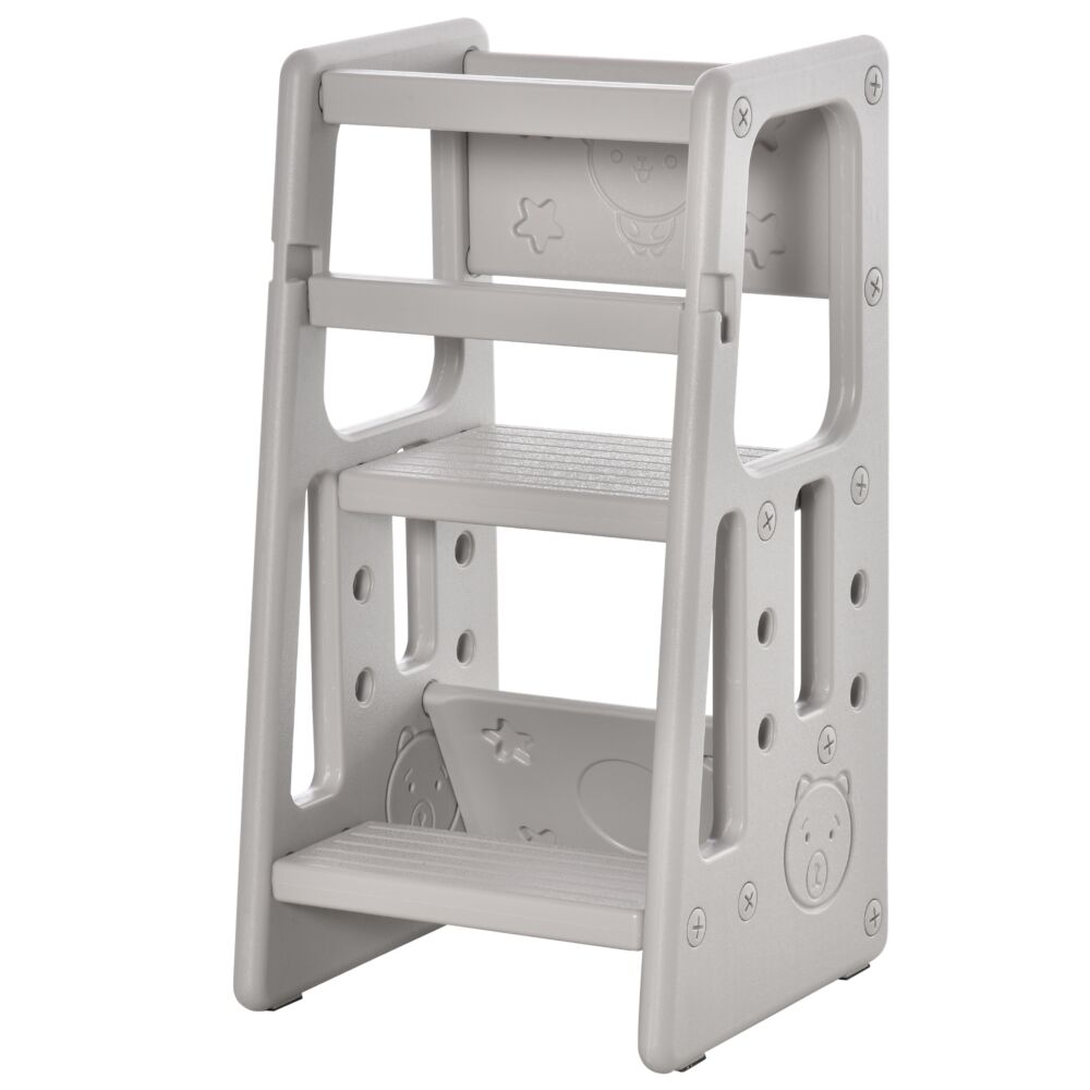 Homcom Kids Step Stool Adjustable Standing Platform Toddler Kitchen Stool -standing Tower For Kitchen Counter Learning Platform W/ Three Heights Grey