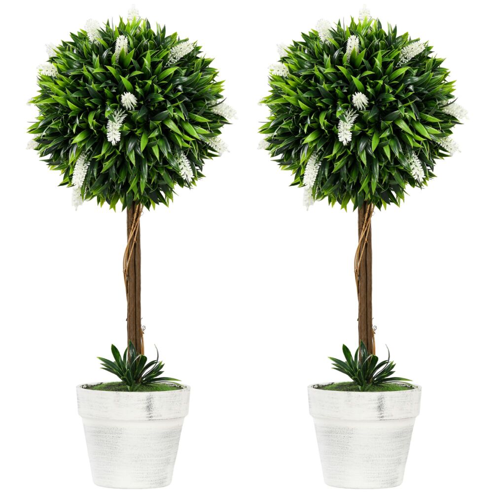 Homcom Set Of 2 Decorative Artificial Plants Ball Trees With Flower For Home Indoor Outdoor Decor, 60cm ,white