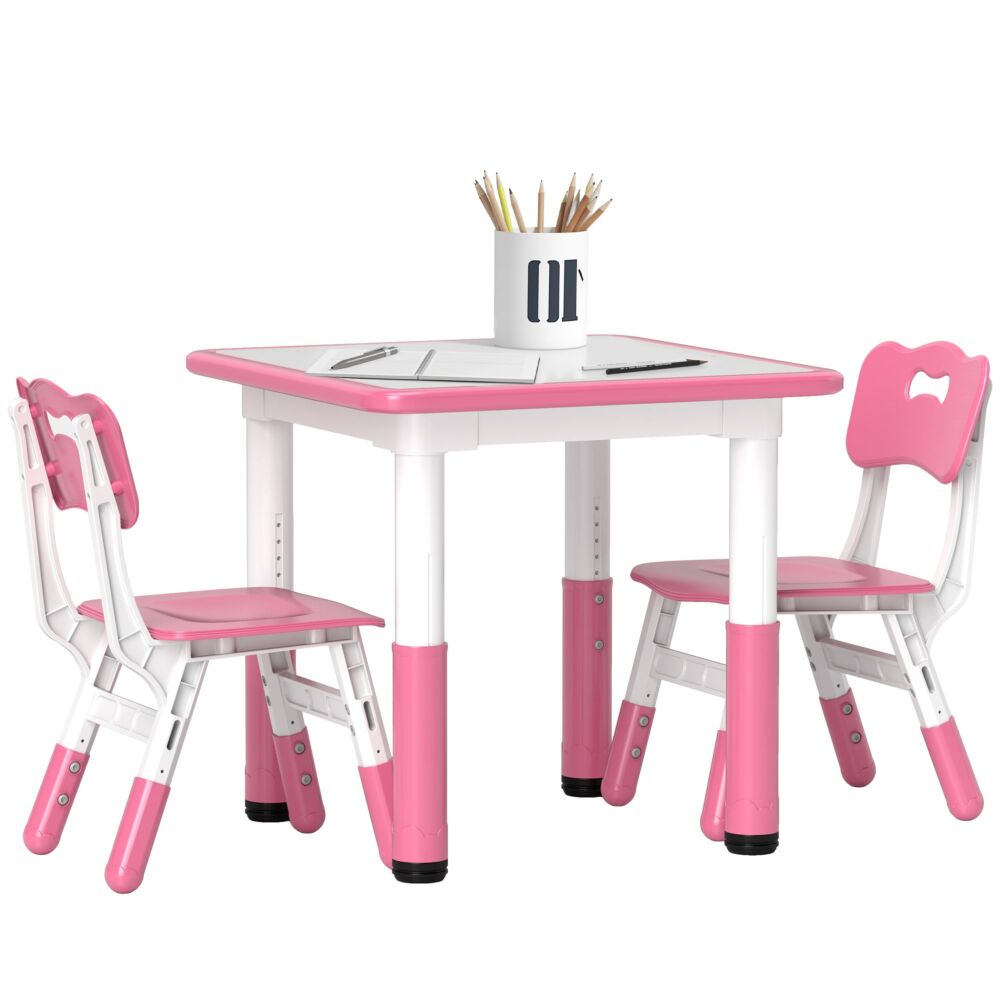 Aiyaplay Height Adjustable Toddler Table And Chair Set, 3 Pcs Children Activity Table W/ 2 Chairs, For Playroom, Bedroom - Pink