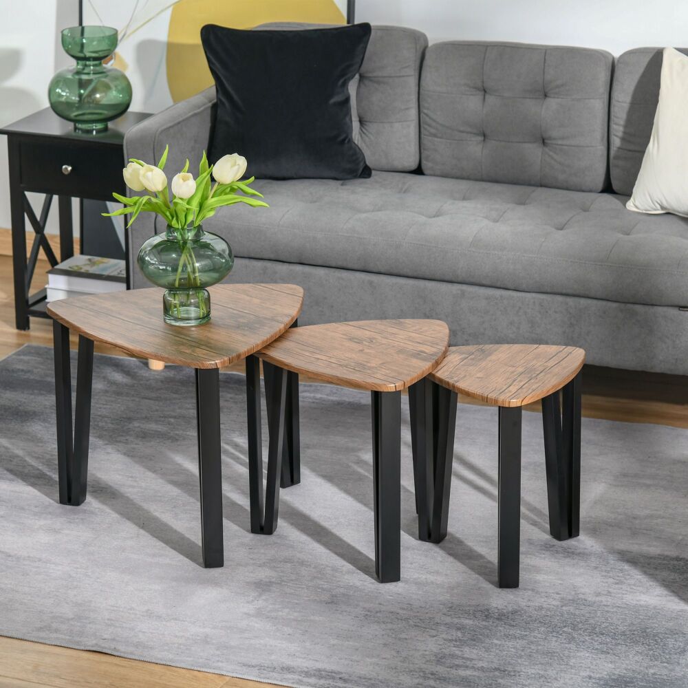 Homcom 3 Pcs Mdf Steel Nesting Table Coffee Table Set Multifunctional End Side Table Living Room Furniture Walnut Wood Grain