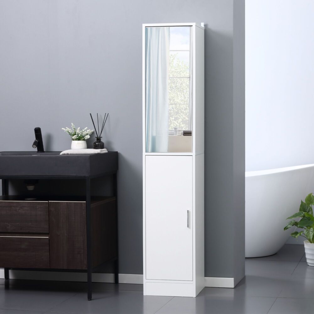 Kleankin Tall Mirrored Bathroom Cabinet, Bathroom Storage Cupboard, Floor Standing Tallboy Unit With Adjustable Shelf, White