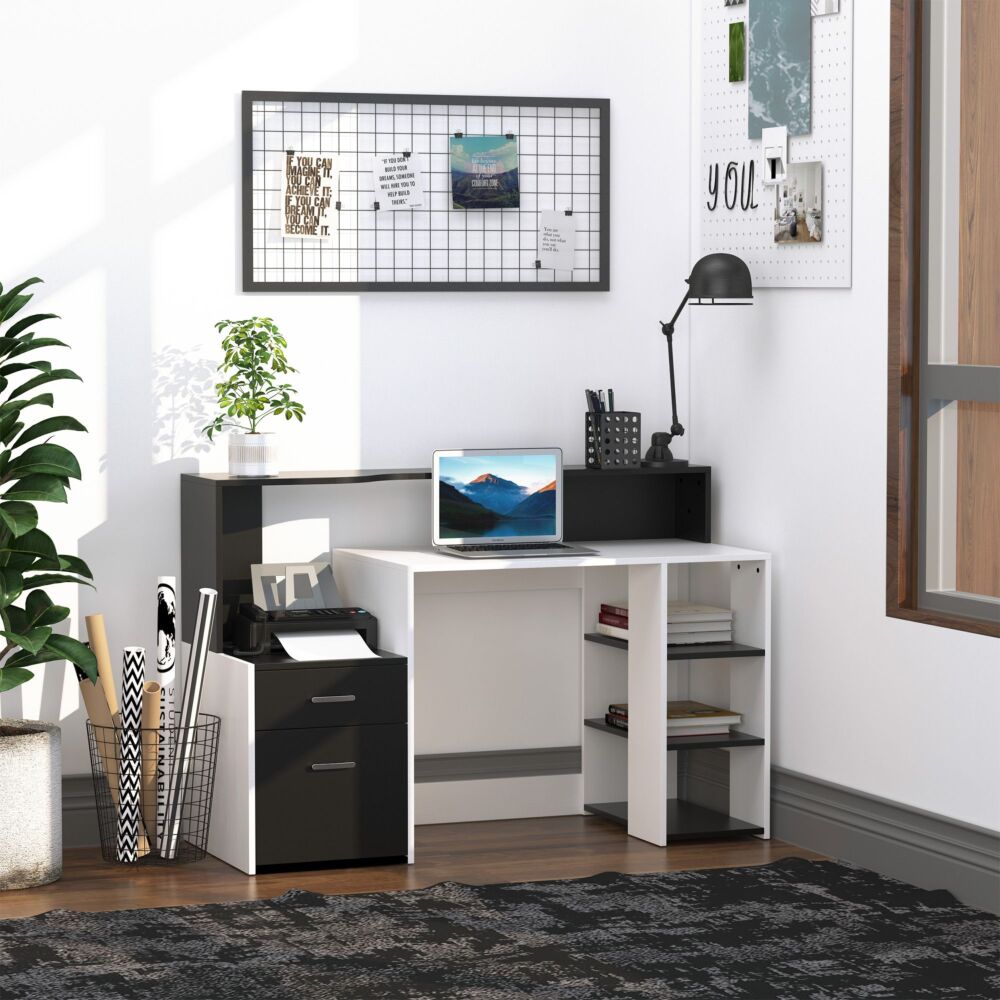 Homcom Computer Desk Pc Table Modern Home Office Writing Workstation Furniture Printer Shelf Rack W/ Storage Drawer & Shelves (black And White)