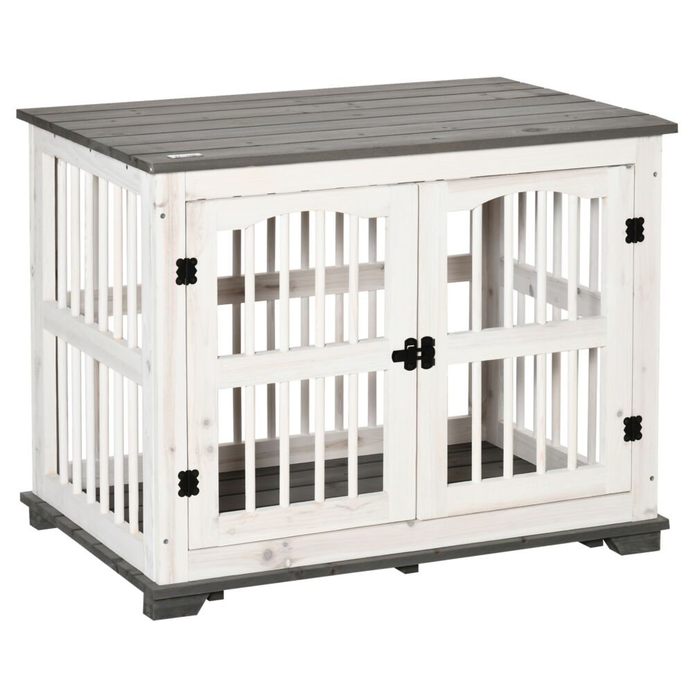 Pawhut Wooden Dog Crate Furniture Pet Kennel Cage End Table For Small Medium Dogs, Indoor, White, 85.5 X 59.5 X 68 Cm