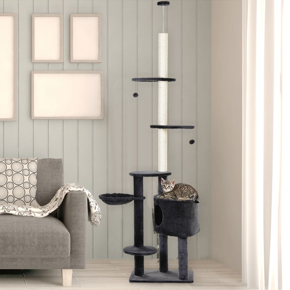 Pawhut Adjustable Height Floor-to-ceiling Vertical Cat Tree With Carpeted Platforms, Condo, Sisal Rope Scratching Areas