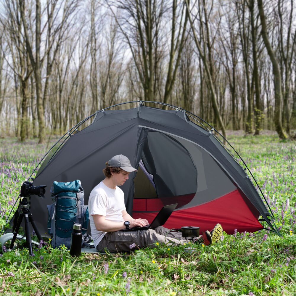 Outsunny Camping Tent, Compact 2 Man Dome Tent, Waterproof Lightweight Outdoor Tent With Double Layer Doors, Dark Grey