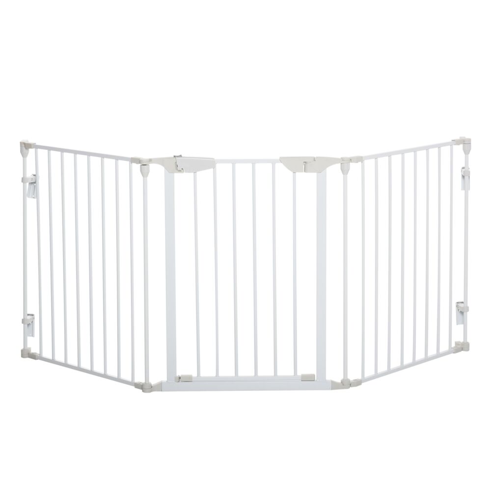 Pawhut Pet Safety Gate 3-panel Playpen Fireplace Christmas Tree Metal Fence Stair Barrier Room Divider W/walk Through Door, White