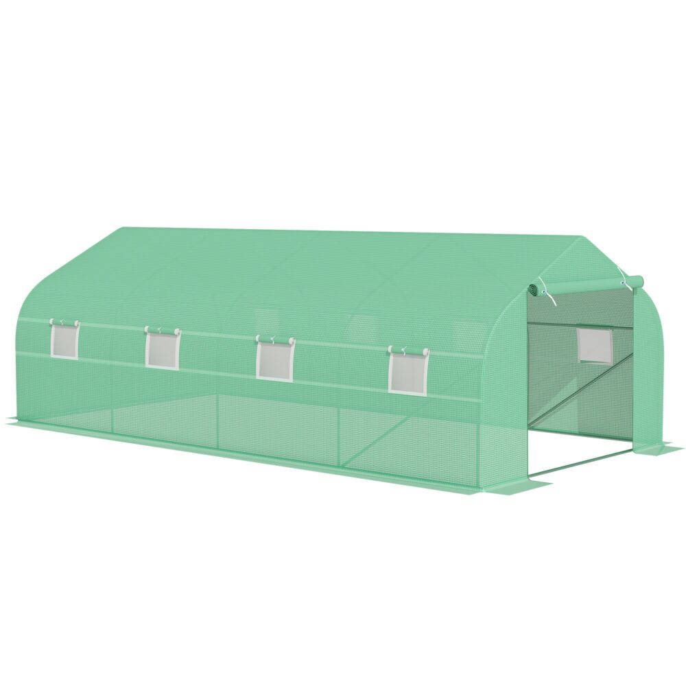 Outsunny 6 X 3 M Large Walk-in Greenhouse Garden Polytunnel Greenhouse W/ Metal Frame, Zippered Door And Roll Up Windows, Green