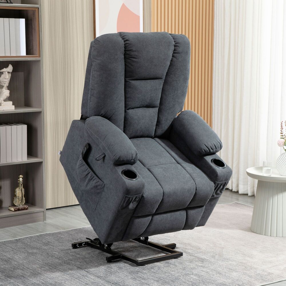 Homcom Oversized Riser And Recliner Chairs For The Elderly, Fabric Upholstered Lift For Living Room With Remote Control Side Pockets Cup Holder Grey