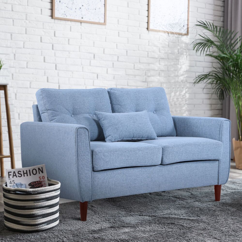 Homcom 2 Seat Sofa Double Sofa Loveseat Fabric Wooden Legs Tufted Design For Living Room, Dining Room, Office, Light Blue