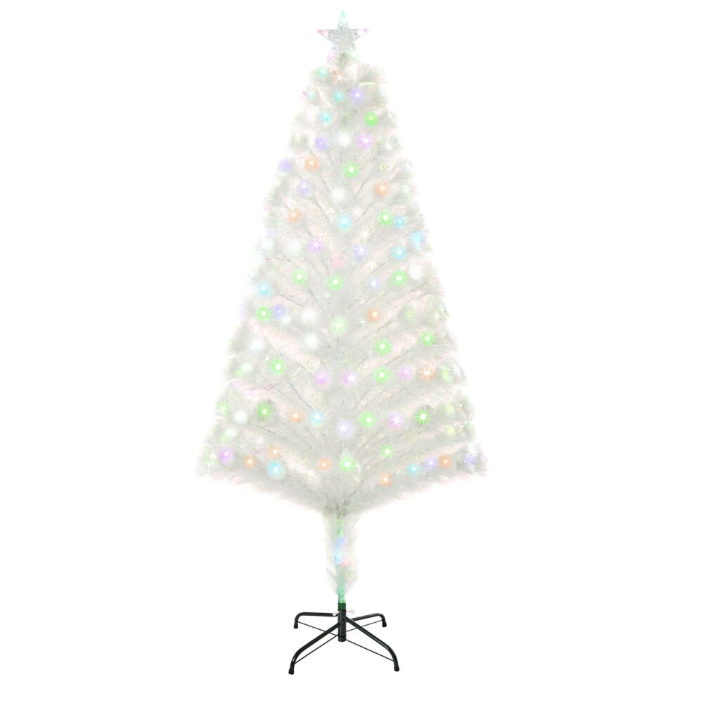 Homcom 5 Feet Prelit Artificial Christmas Tree With Fiber Optic Led Light, Holiday Home Xmas Decoration, White