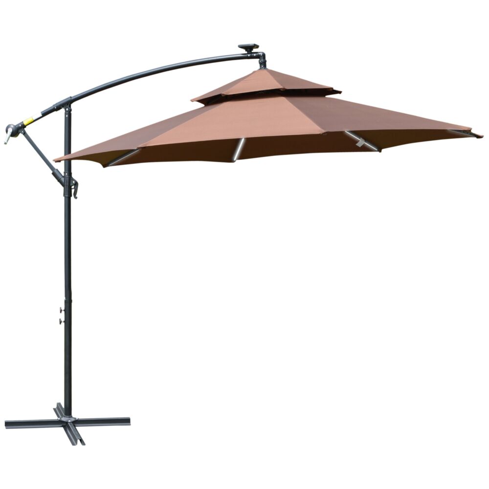 Outsunny 3(m) Cantilever Parasol Banana Hanging Umbrella With Double Roof, Led Solar Lights, Crank, 8 Sturdy Ribs And Cross Base For Outdoor, Coffee