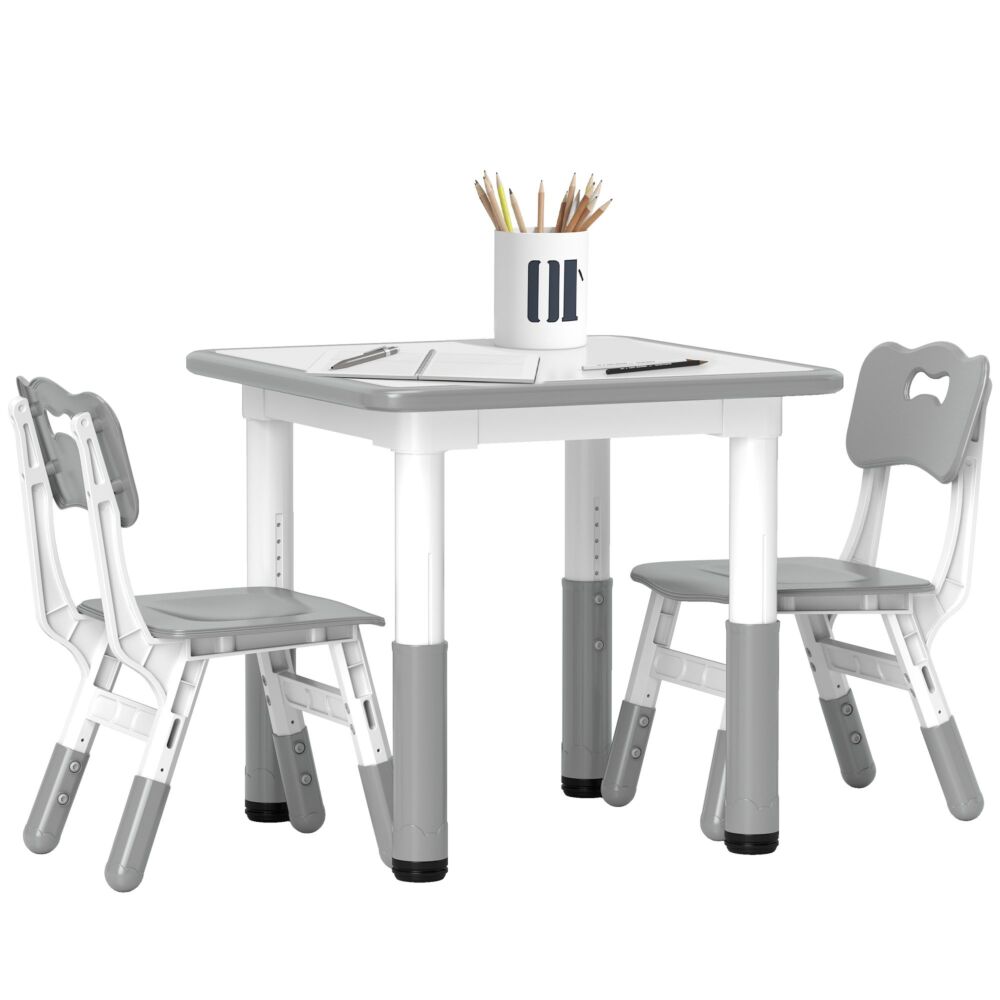 Aiyaplay Height Adjustable Toddler Table And Chair Set, 3 Pcs Children Activity Table W/ 2 Chairs, For Playroom, Bedroom - Grey