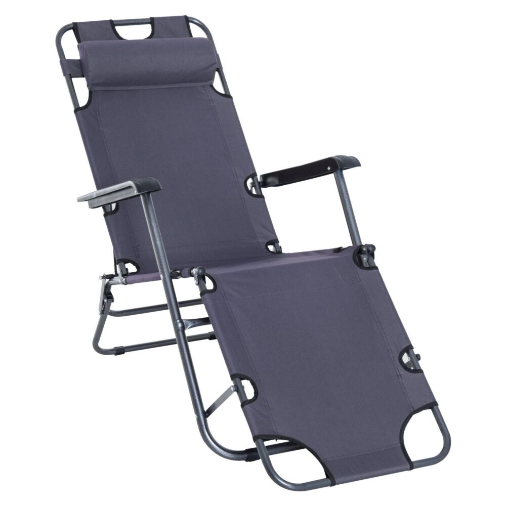 Outsunny 2 In 1 Sun Lounger Folding Reclining Chair Garden Outdoor Camping Adjustable Back With Pillow Grey