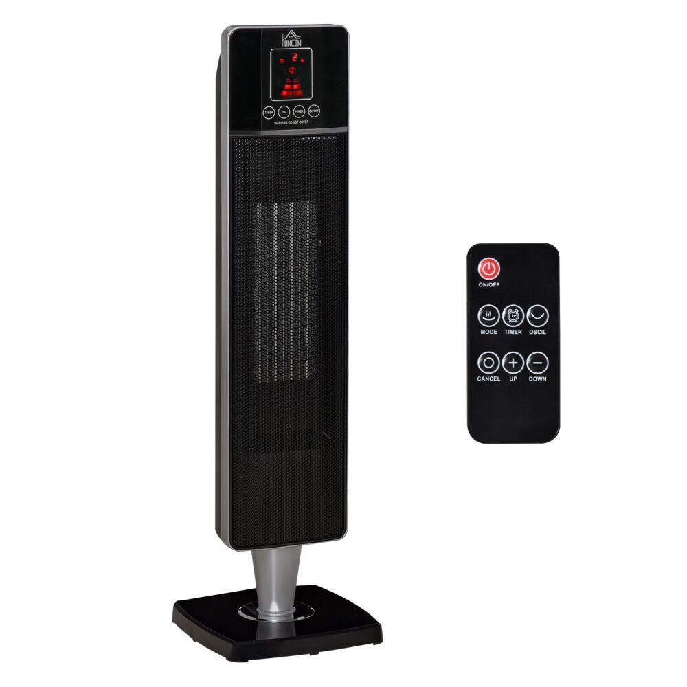 Homcom Ceramic Tower Heater Oscillating Space Heater W/ Remote Control 8hrs Timer Tip-over Overheat Protection 1000w/2000w-black