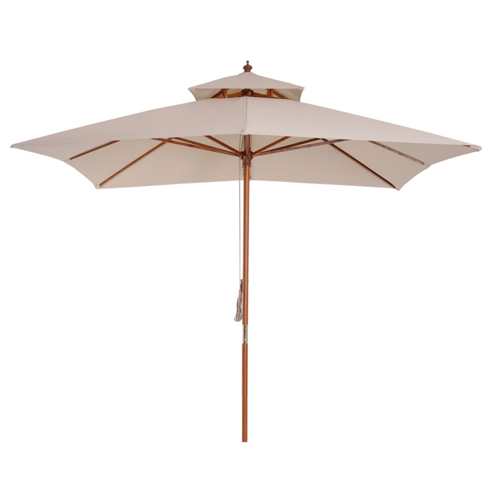 Outsunny Beige Parasol Patio 3x3m Double Tier Garden Sun Umbrella Sunshade Outdoor Wood Wooden Canopy Tier