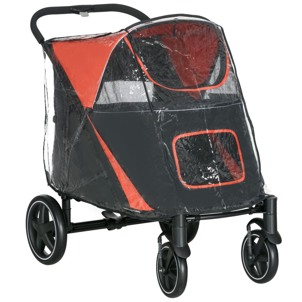 Pawhut One-click Foldable Pet Travel Stroller With Rain Cover, Cat Dog Pushchair With Front Wheels, Shock Absorber, Storage Bags, Mesh