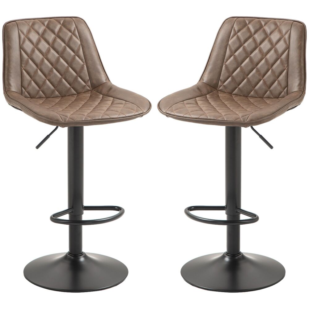 Homcom Bar Stools Set Of 2, Retro Adjustable Kitchen Stool, Swivel Pu Leather Upholstered Bar Chairs With Back, Footrest And Steel Base, Brown