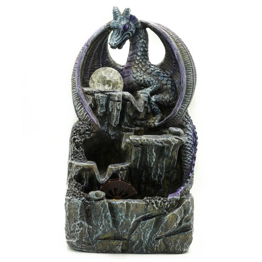 Tabletop Water Feature - 35cm - Purple Dragon, Crystal Ball & Water Wheel