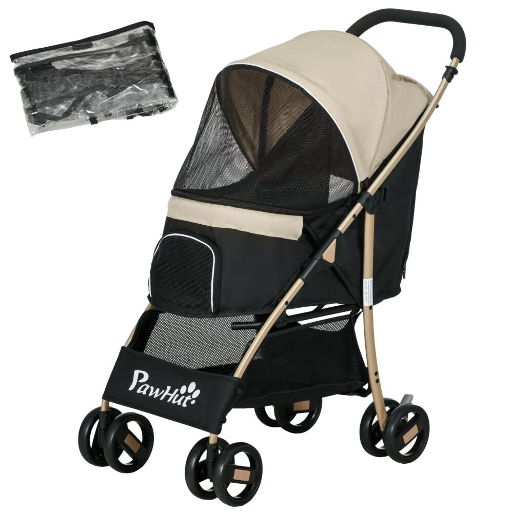 Pawhut Oxfoad Pet Stroller For Small Minature Dogs With Rain Cover Dark Khaki