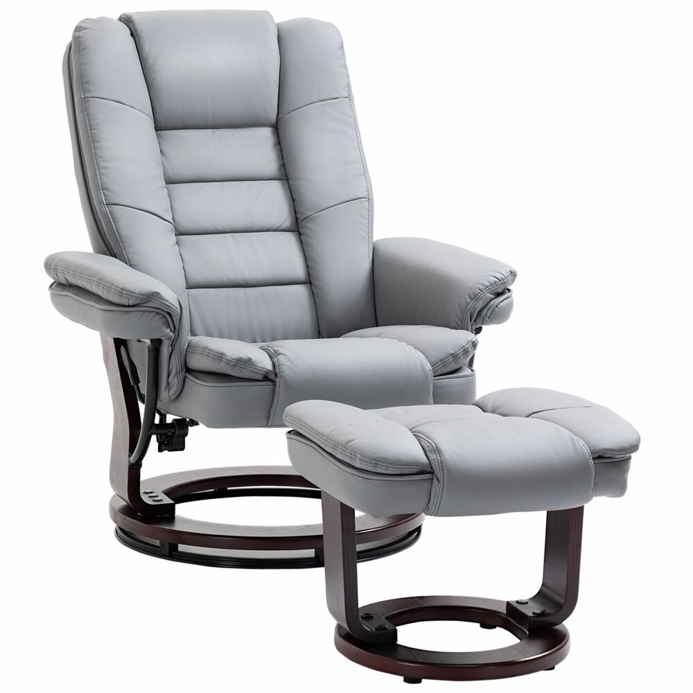 Homcom Manual Recliner And Footrest Set Pu Leather Leisure Lounge Chair Armchair With Swivel Wood Base, Grey