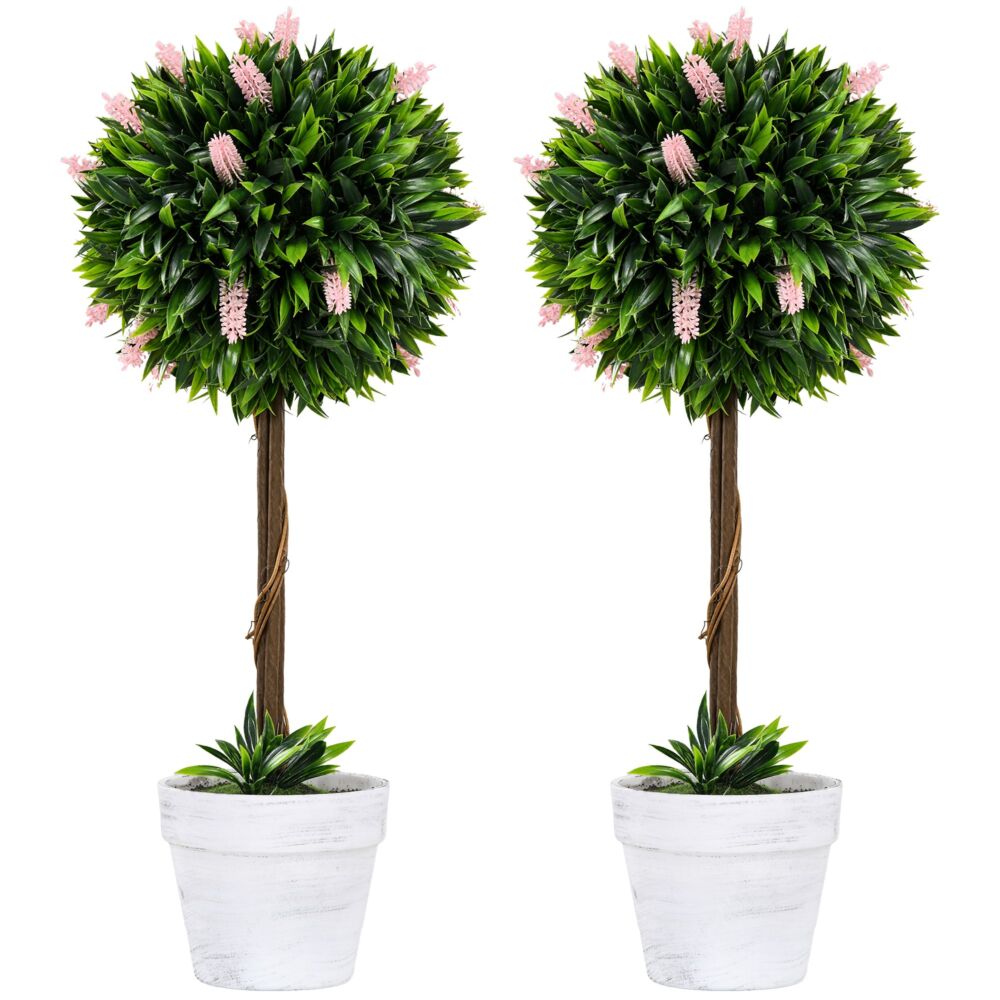 Homcom Set Of 2 Decorative Artificial Plants Ball Trees With Flower For Home Indoor Outdoor Decor, 60cm ,pink
