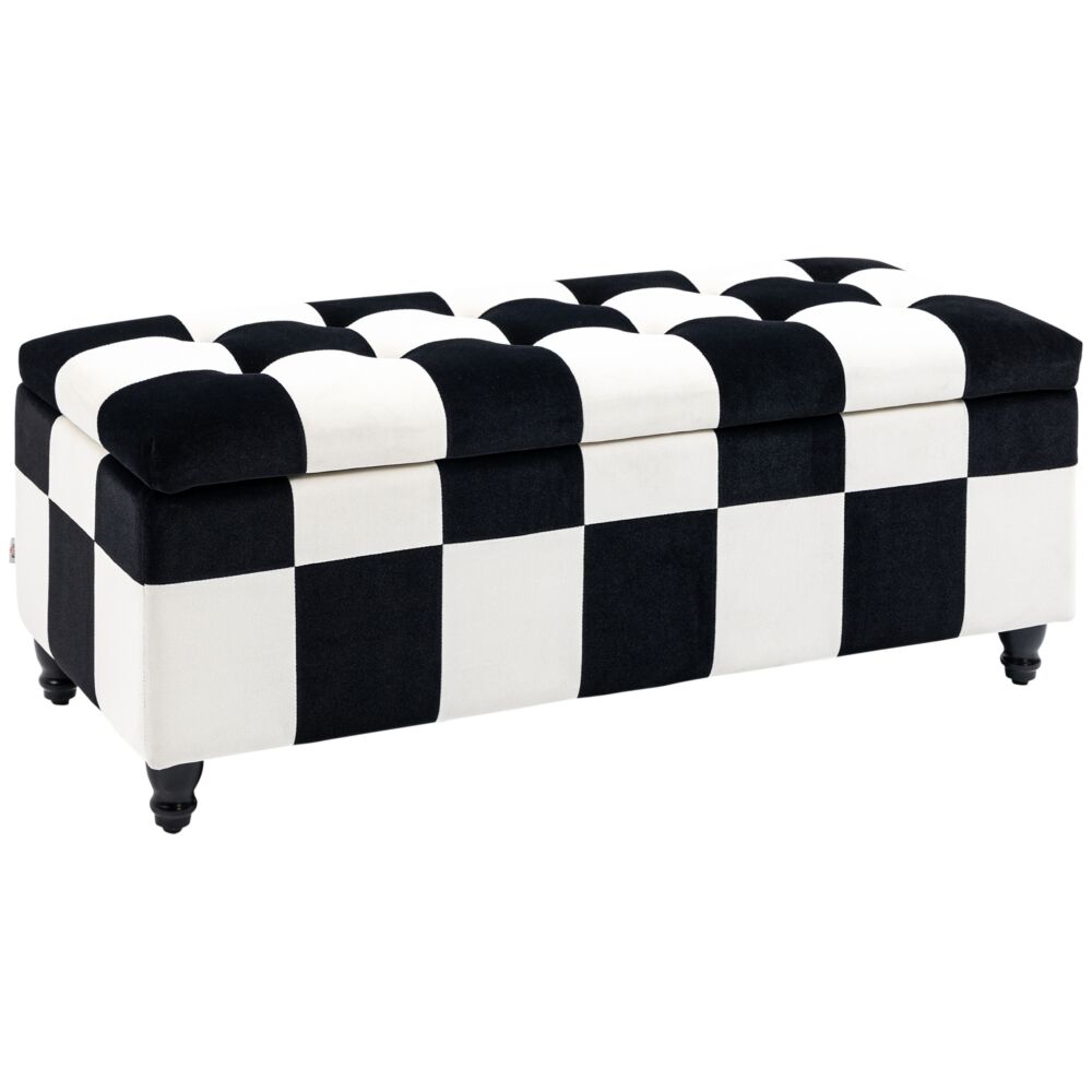 Homcom 114 X 47 X 47cm Velvet Storage Ottoman, Button-tufted Footstool Box, Toy Chest With Lid For Living Room, Bedroom, White And Black