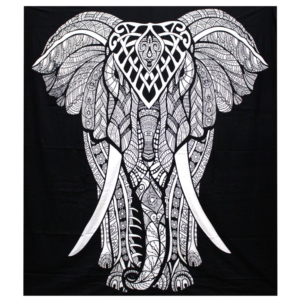 B&w Double Cotton Bedspread + Wall Hanging - Elephant