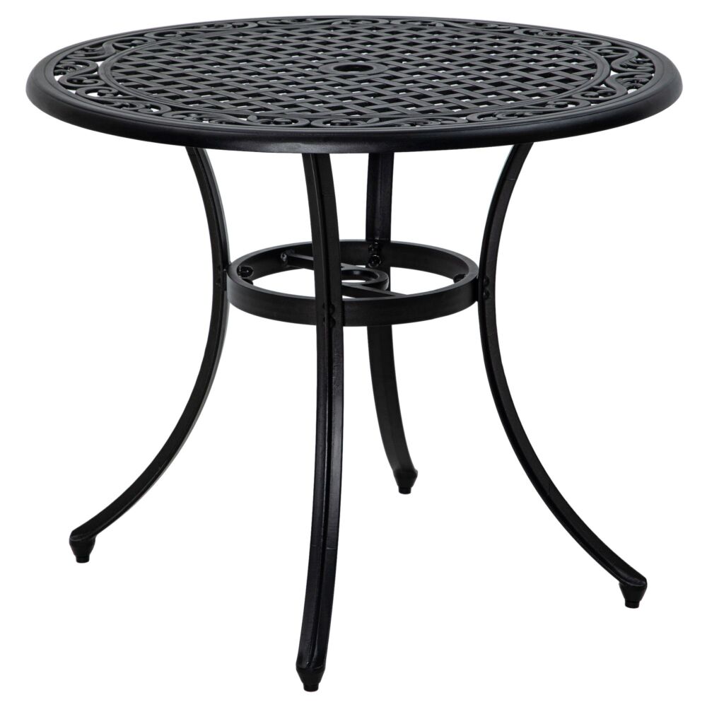 Outsunny Round Garden Table With Parasol Hole, 90cm Cast Aluminium Outdoor Dining Table For 2-4 For Balcony - Black