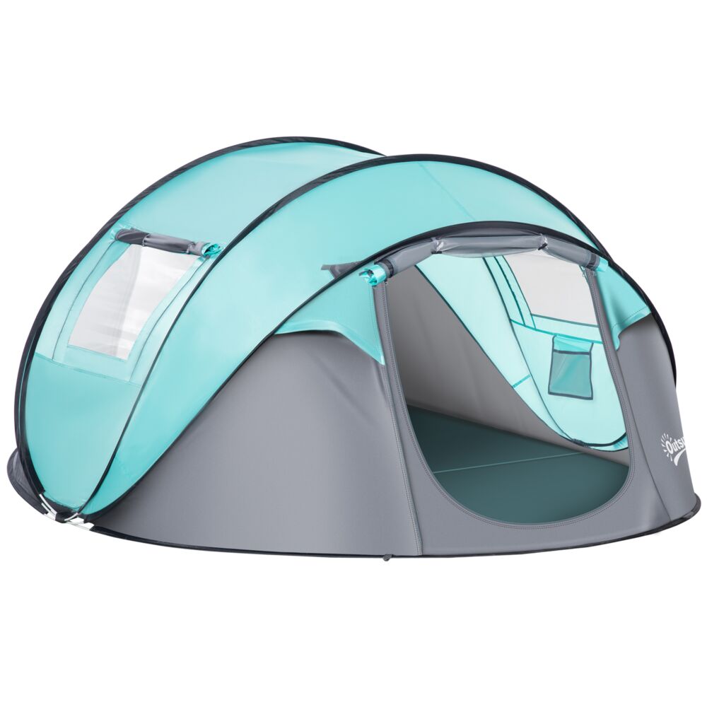 Outsunny 4 Person Pop Up Camping Tent With Vestibule Weatherproof Cover, Instant Backpacking Tent W/ Carry Bag For Fishing Hiking, Tiffany Blue