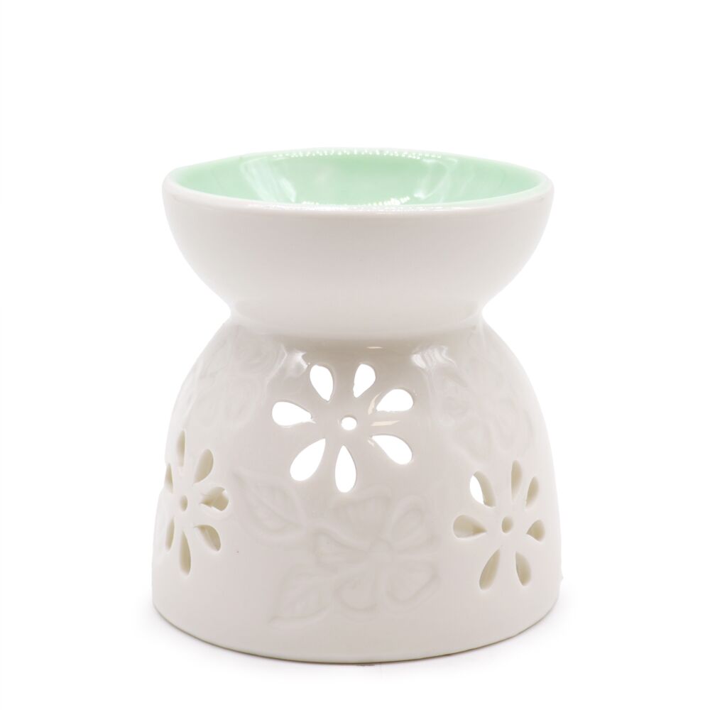 Classic White Oil Burner - Floral With Teal Well