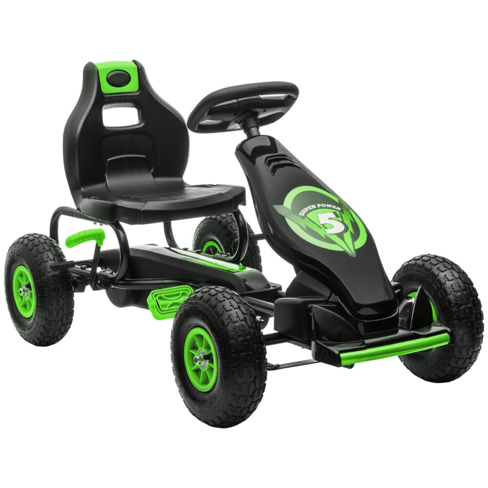 Homcom Children Pedal Go Kart, Racing Go Cart With Adjustable Seat, Inflatable Tyres, Shock Absorb, Handbrake, For Boys And Girls Ages 5-12, Green